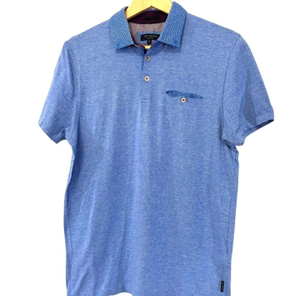 Ted Baker London Womens Polo Shirt Size 4 Blue / Patterned Collar Front Pocket